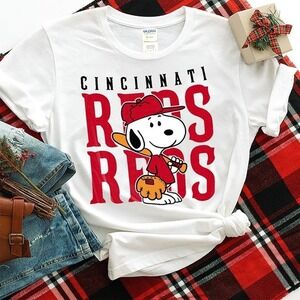 Snoopy Playing Baseball Cincinnati Reds White Unisex T Shirts